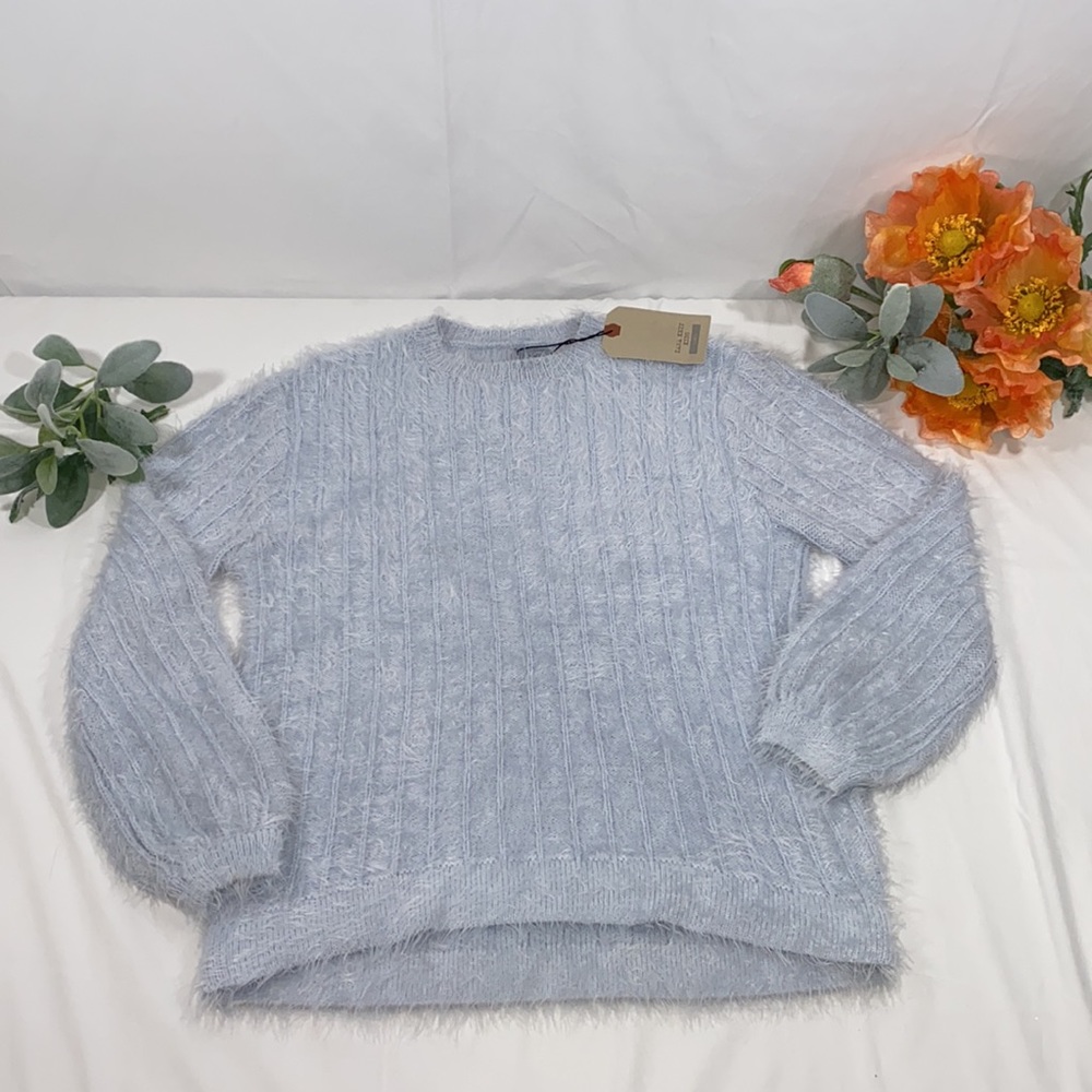 🔥NWT Zara knit dusty blue fuzzy long sleeve sweater